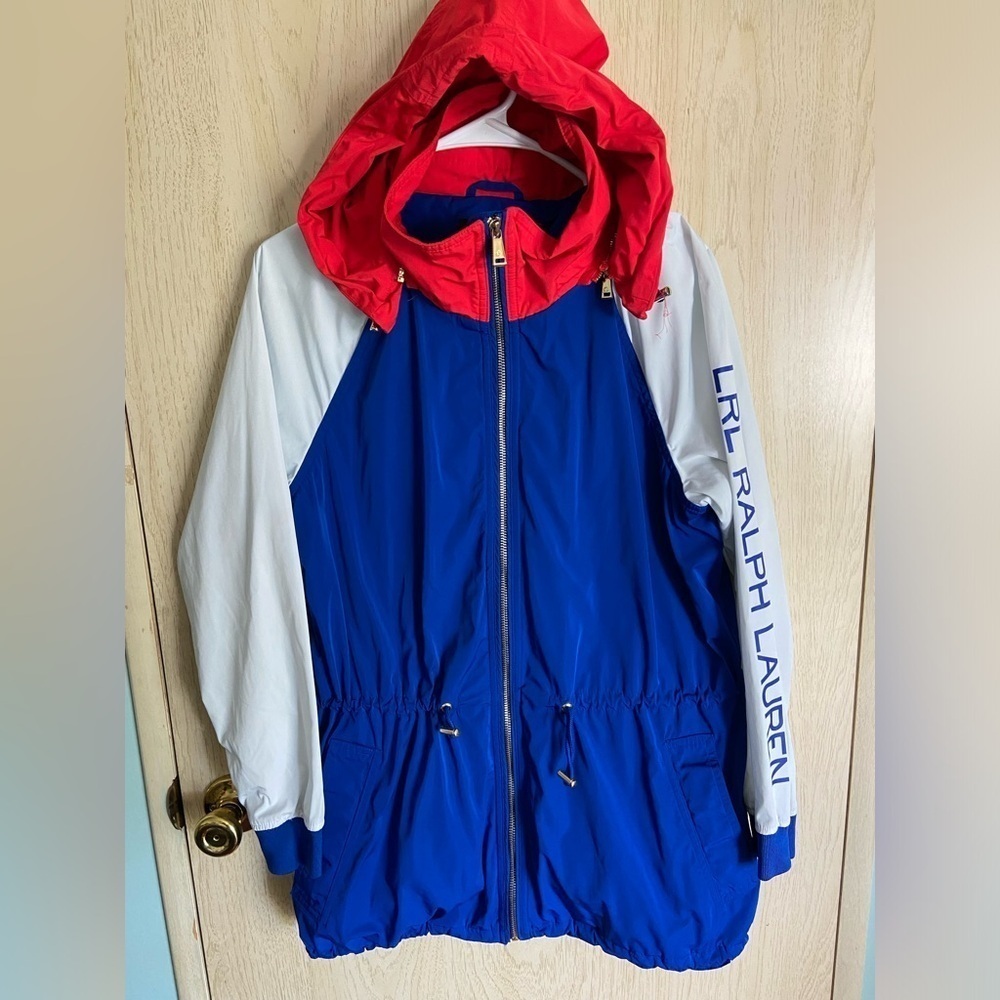 LAUREN Ralph Lauren Women's Red White & Blue Color Block Jacket Removable Hood M